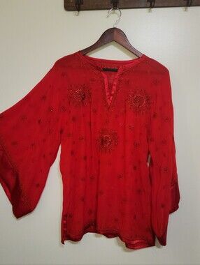 Womens Cover Up Beaded Sheer Boho Embroidered Tunic Top Red Beach Lg Unbranded